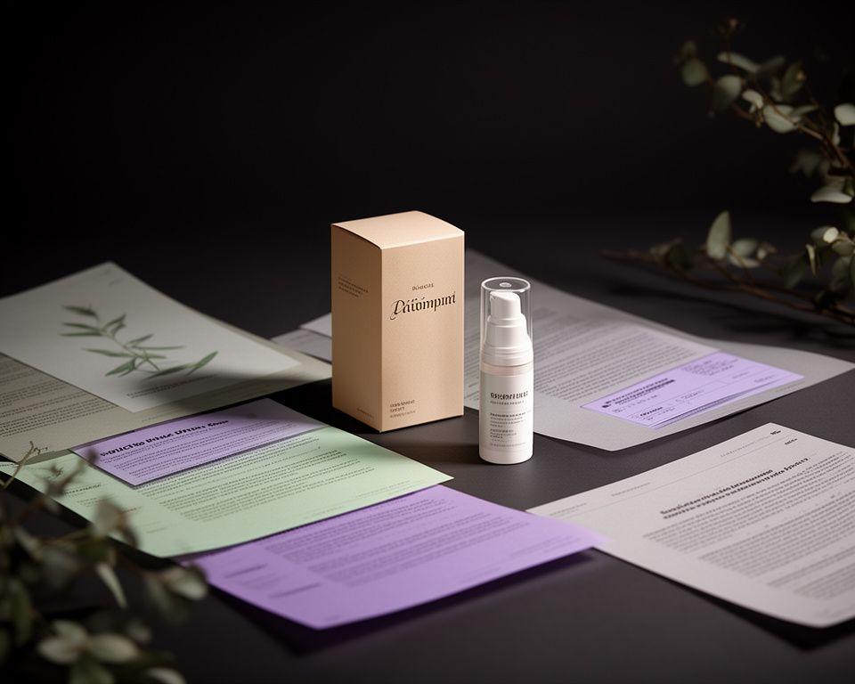 Elegant staged skincare packaging and paper documents on a dark studio table with soft botanical accents