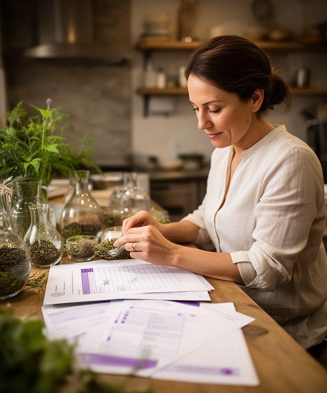 Döbeli Kiziler mit botanischen Rohstoffen und Protokollen in einer ruhigen Produktionsküche