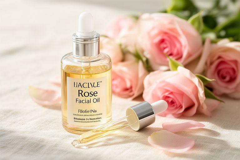 Flasche Bio-Rosen-Gesichtsöl neben Rosenblüten und einer Pipette auf einem hellen Naturtuch