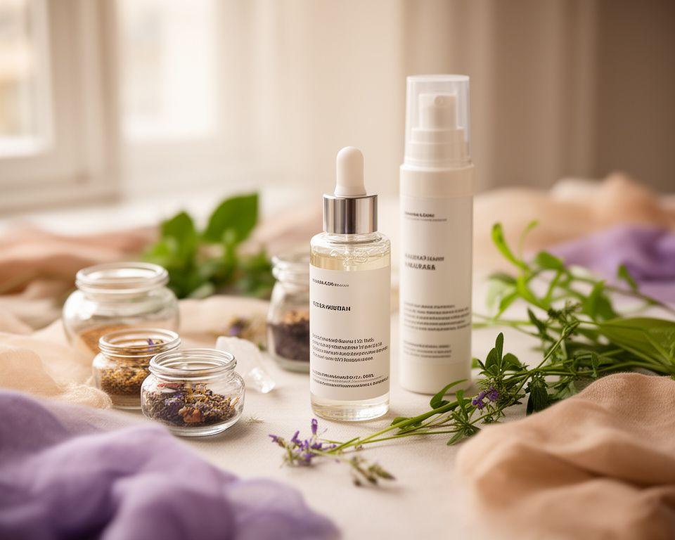 Naturkosmetik-Flaschen und botanische Zutaten auf einem hellen Zürcher Tisch mit Stofftüchern und Glasbehältern