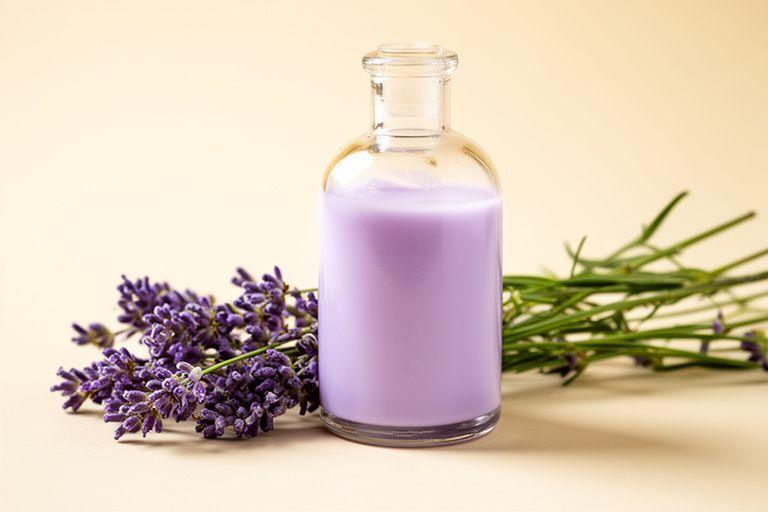 Lavendel-Körperlotion in einer schlichten Flasche mit Lavendelzweigen auf einer cremefarbenen Oberfläche