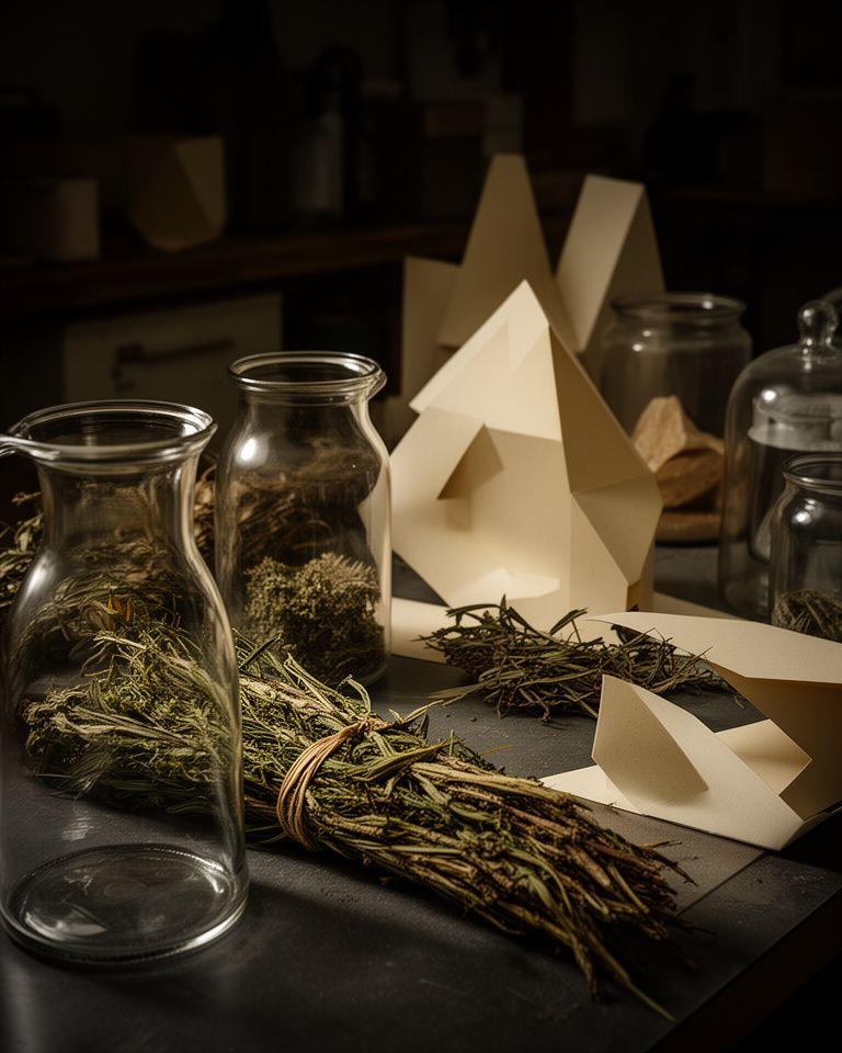 Botanische Rohstoffe, Glasbehälter und recycelbare Verpackungen auf einem dunklen Arbeitstisch im Atelier
