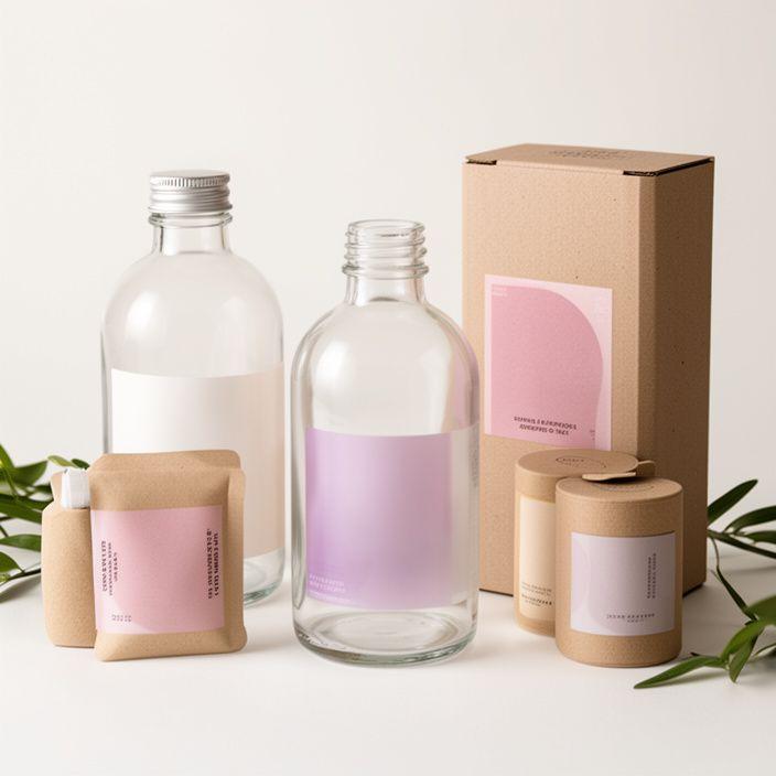 Glasflaschen, recycelte Kartonverpackungen und Nachfüllbehälter in einer ruhigen Studioanordnung mit natürlichem Licht