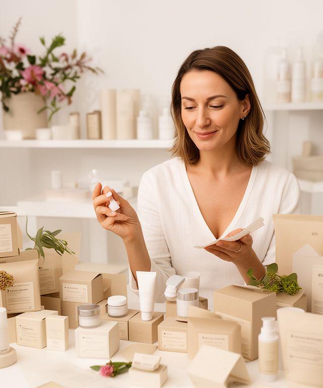 Lorène Rojek in einem Studio mit Kartonagen, Etiketten und nachhaltigen Skincare-Verpackungen