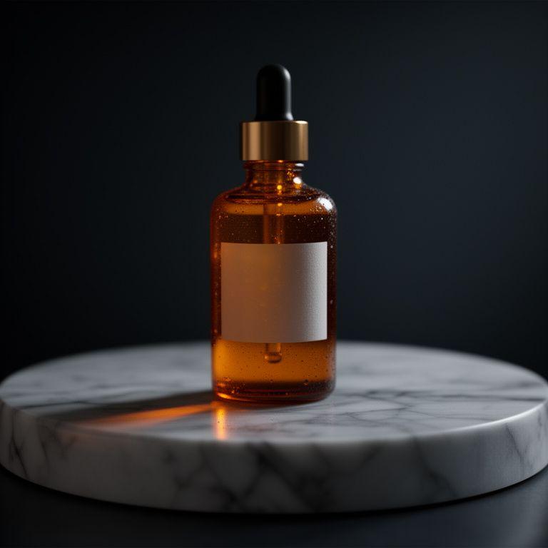 Abendserum in einer bernsteinfarbenen Flasche auf einem ruhigen Marmorsockel mit gedämpftem Licht