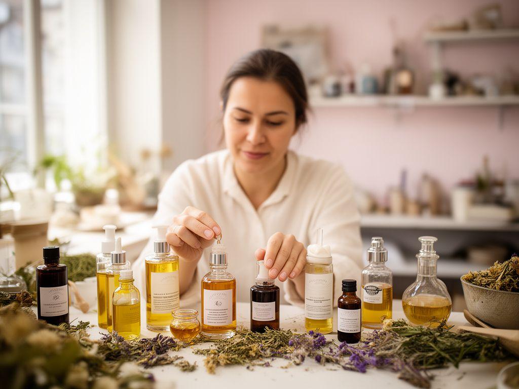 Gründerin in einem hellen Zürcher Atelier mit Glasflaschen, getrockneten Kräutern und organischen Pflegeölen