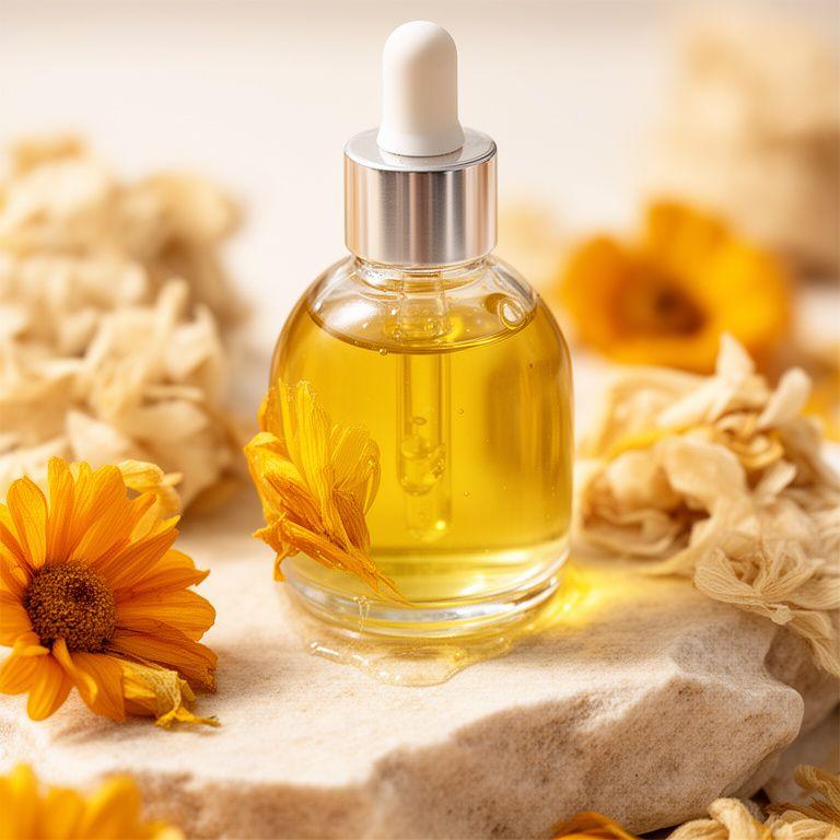 Flasche eines goldenen Gesichtsöls mit Calendula auf hellem Naturstein, flankiert von getrockneten Blüten