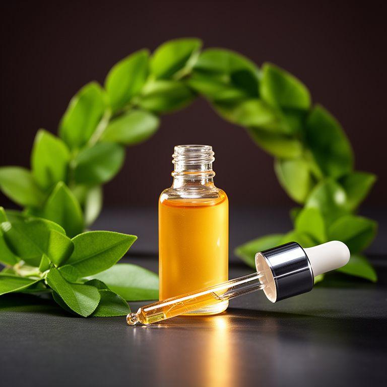Botanisches Serum mit Pipette neben frischen Zitrusblättern und Glasreflexen auf einem dunklen Tisch
