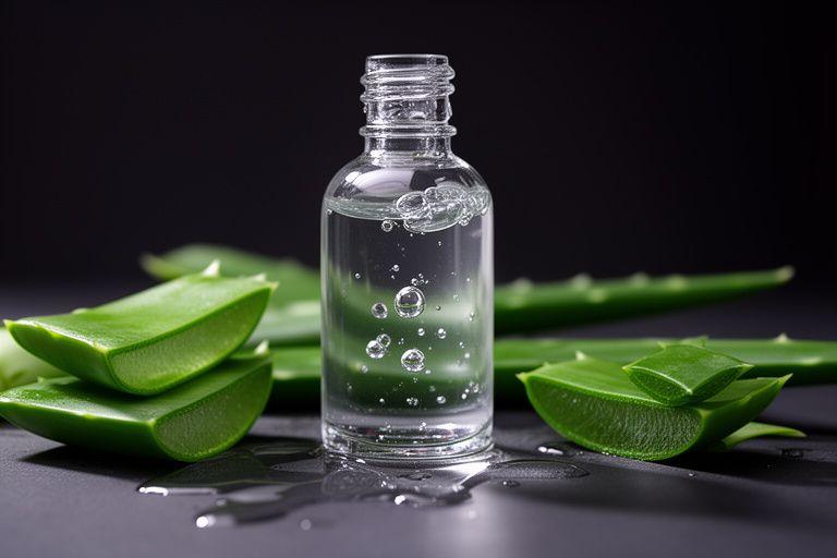 Aloe-Vera-Serum mit Tropfen, grünen Blättern und Glasflasche auf einem dunklen Hintergrund mit weichem Schatten