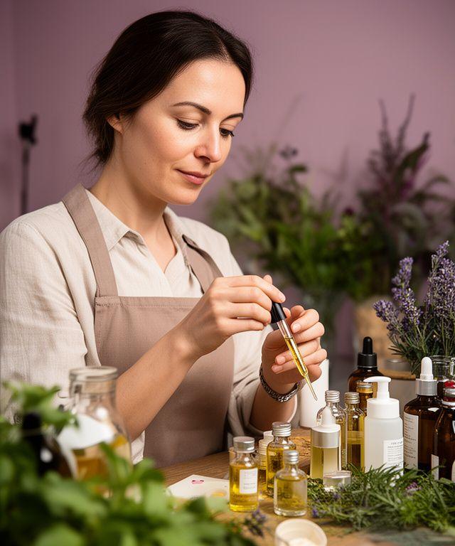 Rania Corti beim Abfüllen von Gesichtsölen an einem Arbeitsplatz mit botanischen Extrakten